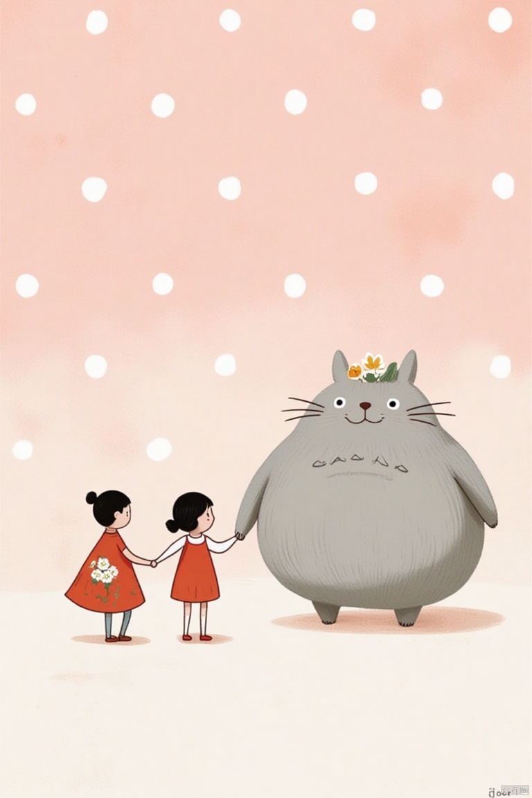 An animated image of two little girls holding hands with a large gray cat. The cat is facing to the right and has a flower on its head. The girl on the left is wearing a red dress with white flowers on it, while the girl in the red dress is on the right. The background is a light pink with white polka dots on it.