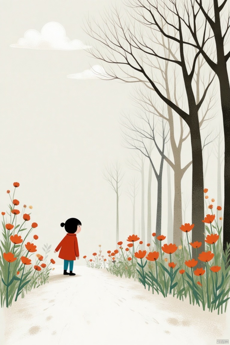 Captured at eye-level, a medium-angle view of a girl in a red coat and blue pants is standing on a snow-covered path. The girl is facing the left side of the frame, her head turned slightly to the right. Her coat is a deep red, and her pants are a lighter shade of blue. To the right of the girl, there are tall trees with no leaves, their branches reaching up to the sky. The trees are bare, their leaves are a dark brown, and their branches are a light brown, while the flowers are a vibrant orange. The sky is a light gray, and there are a few white clouds in the distance, adding a pop of color to the scene.