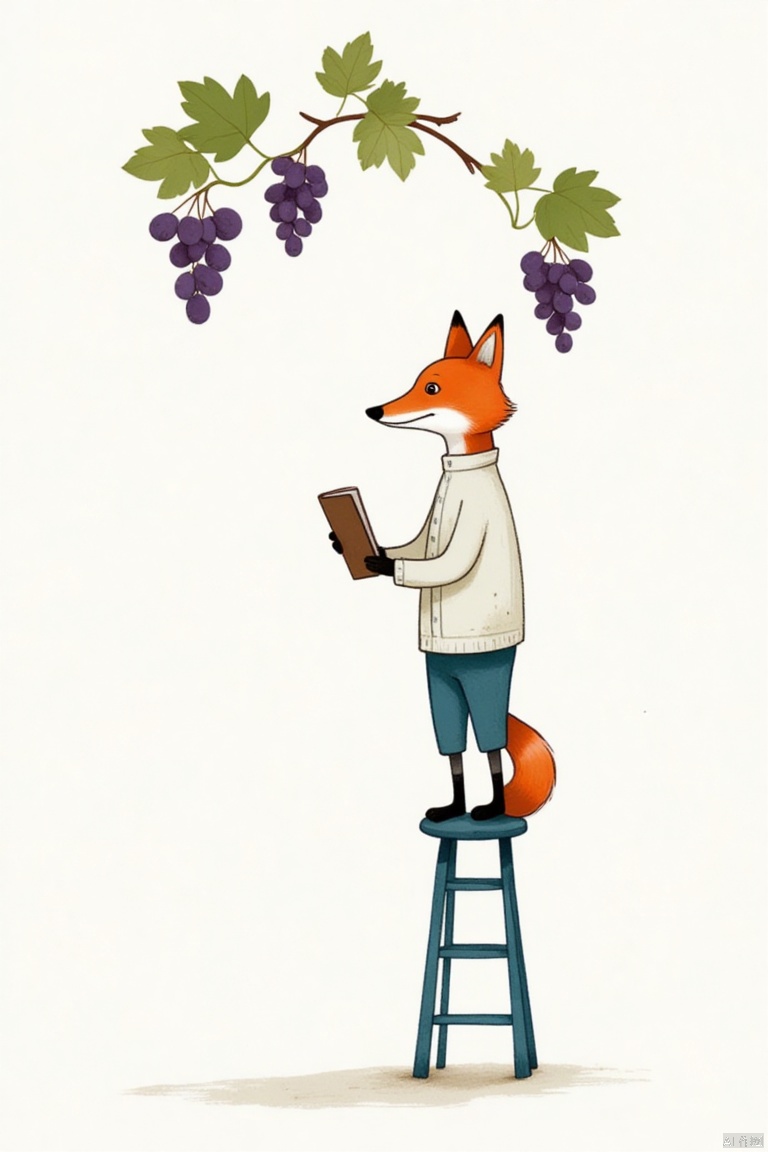 A cartoon drawing of a fox with a white long-sleeved shirt and blue pants. The fox is facing the left side of the image, with its head turned towards the right side. Its ears are pointed up, and its eyes are wide open. It is standing on a white surface, with a blue stool in front of it, holding a brown book in its right hand. Above the fox, there is a branch with purple grapes hanging from it.