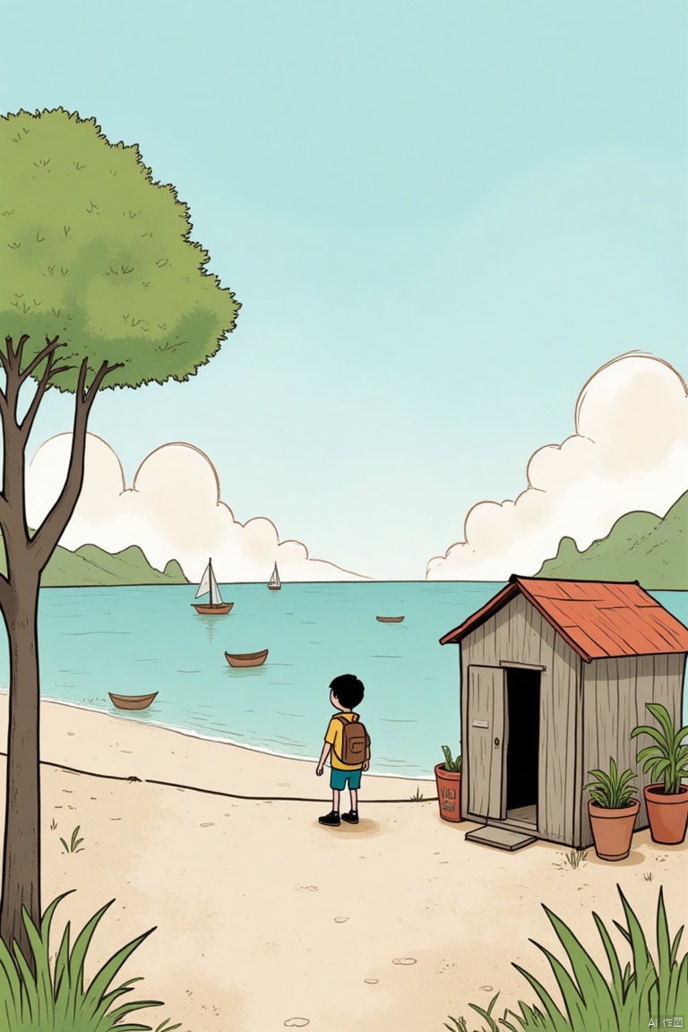 A cartoon drawing of a boy standing on a dirt path in front of a small wooden shack with a red roof. The boy is wearing a brown backpack, blue shorts, and black shoes. There is a tree on the left side of the image and a potted plant on the right. There are small boats in the water in the background. The sky is a light blue color and there are fluffy white clouds in the air.