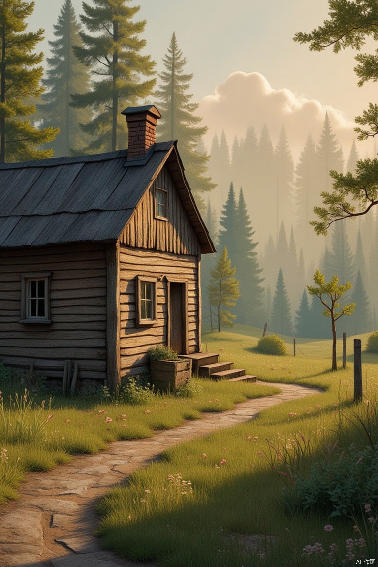 A rustic wooden house with a sloping roofline and chimney, set amidst a tranquil forest landscape. The sun casts warm golden light on the weathered wood, highlighting the intricate details of the wooden siding. A winding path leads up to the front door, where a gentle mist veils the surrounding trees.