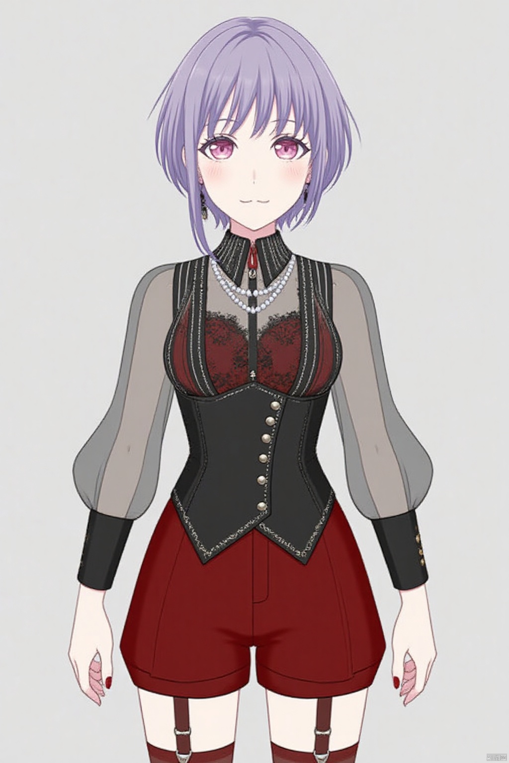 (grey background:1.2),looking at viewer,(SOLO:1.4),outline,simple background,full body,looking at viewer,(((arms at side))),Yuutenji Nyamu,short hair,purple eyes,red eyes,bangs,purple hair
,red shorts,long sleeves,see-through sleeves,garter straps,red thighhighs,jewelry, corset, red footwear, puffy sleeves, black shirt, red nails, black earring