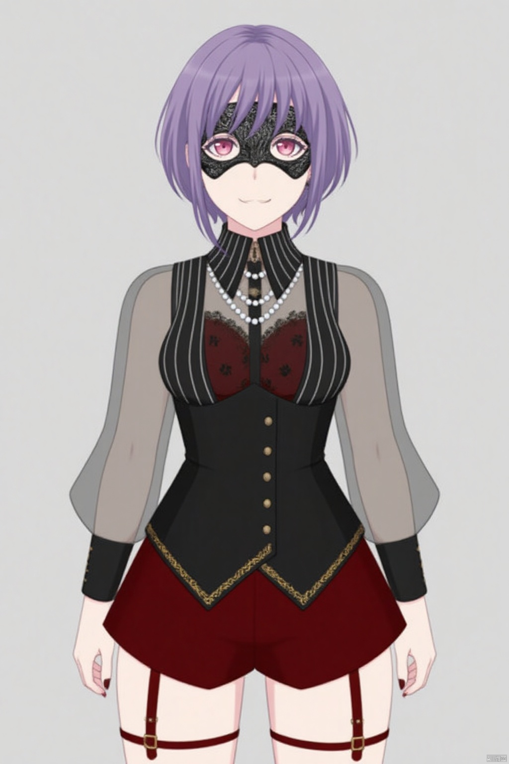 (grey background:1.2),looking at viewer,(SOLO:1.4),outline,simple background,full body,looking at viewer,(((arms at side))),Yuutenji Nyamu,short hair,purple eyes,red eyes,bangs,purple hair
black_mask,red shorts,long sleeves,see-through sleeves,garter straps,red thighhighs,jewelry, corset, red footwear, puffy sleeves, black shirt, red nails, black earring