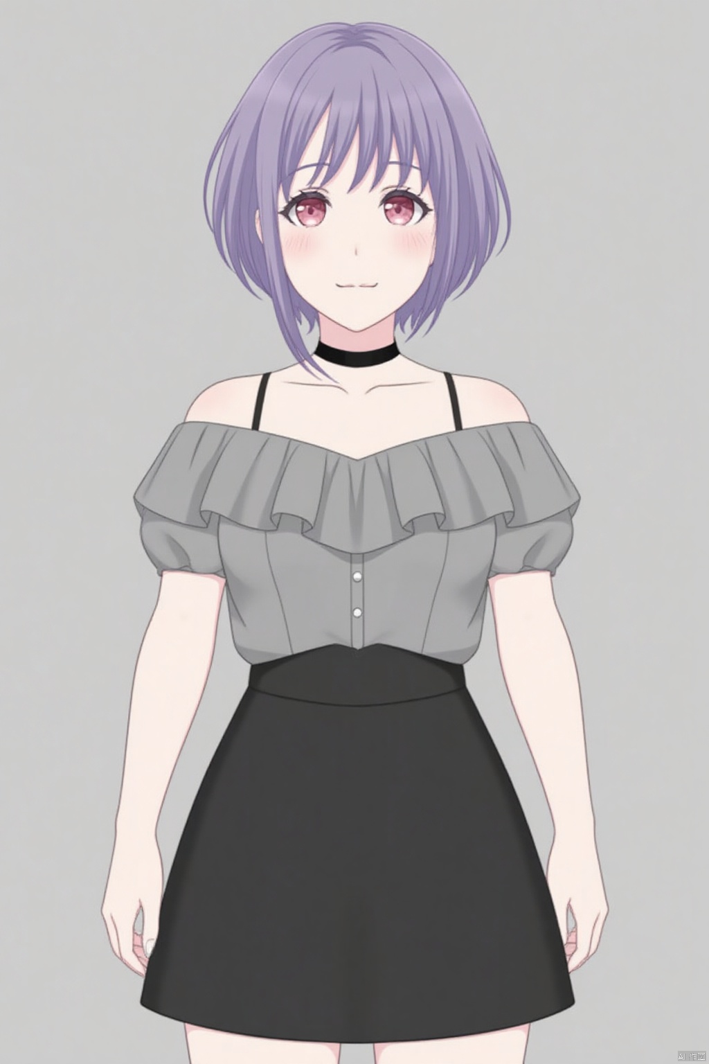 (grey background:1.2),looking at viewer,(SOLO:1.4),outline,simple background,full body,looking at viewer,(((arms at side))),Yuutenji Nyamu,short hair,purple eyes,red eyes,bangs,purple hair
skirt, shirt,bare shoulders,collarbone,short sleeves,frills,choker,black skirt,off shoulder,black footwear,high heels,black choker,grey shirt,off-shoulder shirt,frilled shirt