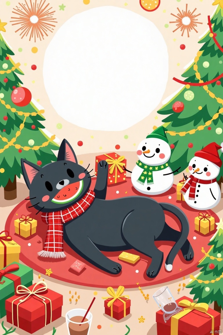 A cute black cat is lying on the carpet,  with some gifts under it and next to Christmas trees,  watermelon slices around...