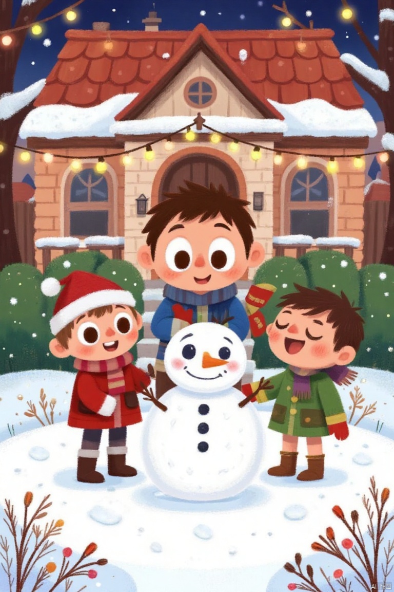 In the style of children's book illustration,  three people building snowman in front yard,  kids playing around and laugh...