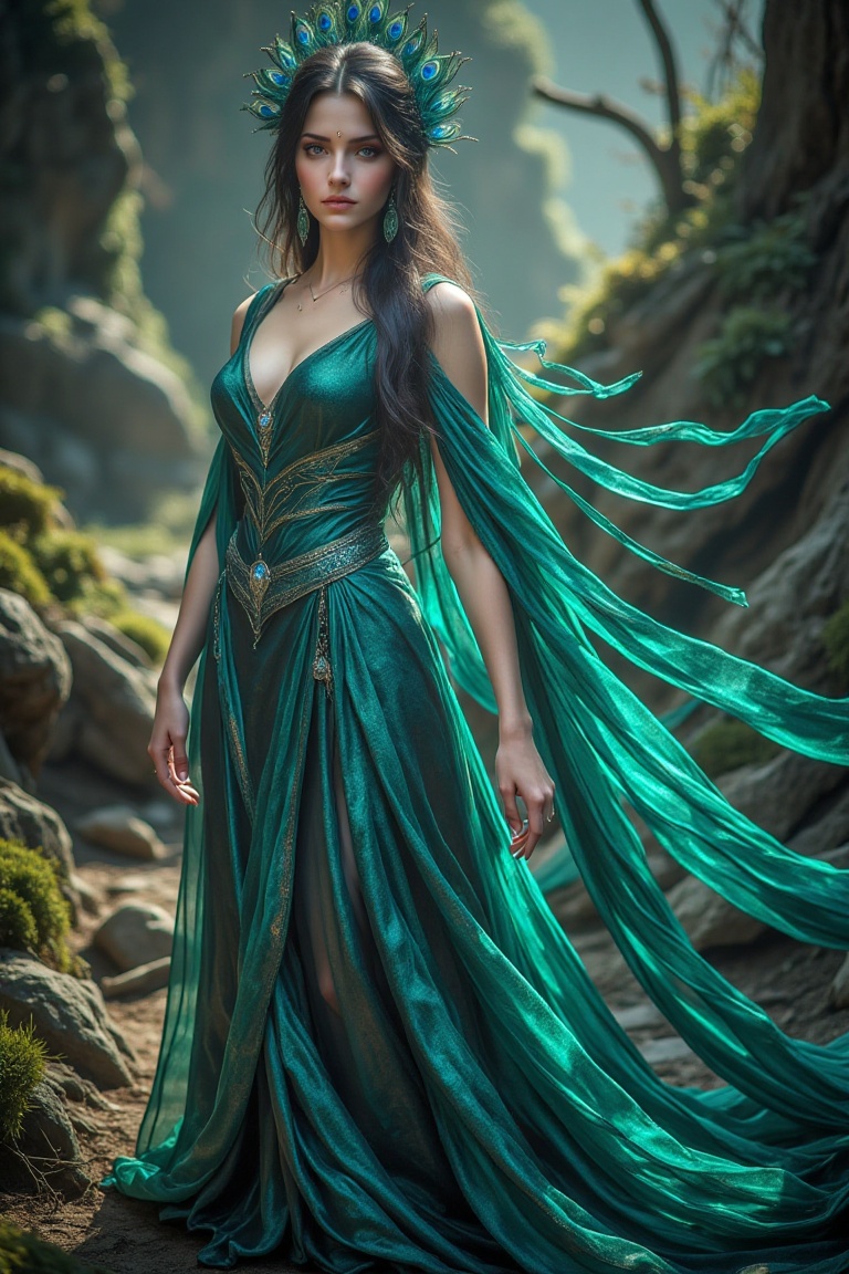 A majestic Peacock Goddess standing elegantly,  draped in an iridescent dress that shimmers with hues of blue and green,...