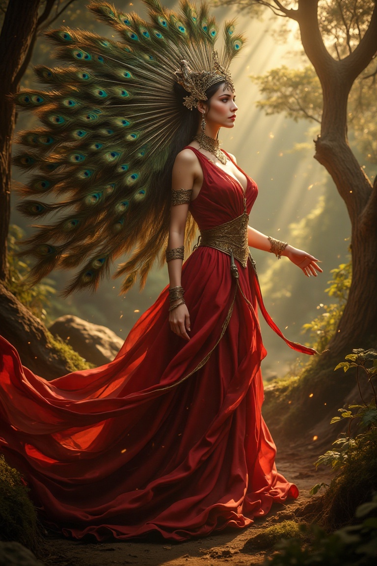 A striking Peacock Goddess in a flowing red dress,  standing amidst a wild,  untamed landscape. The scene is illuminated b...