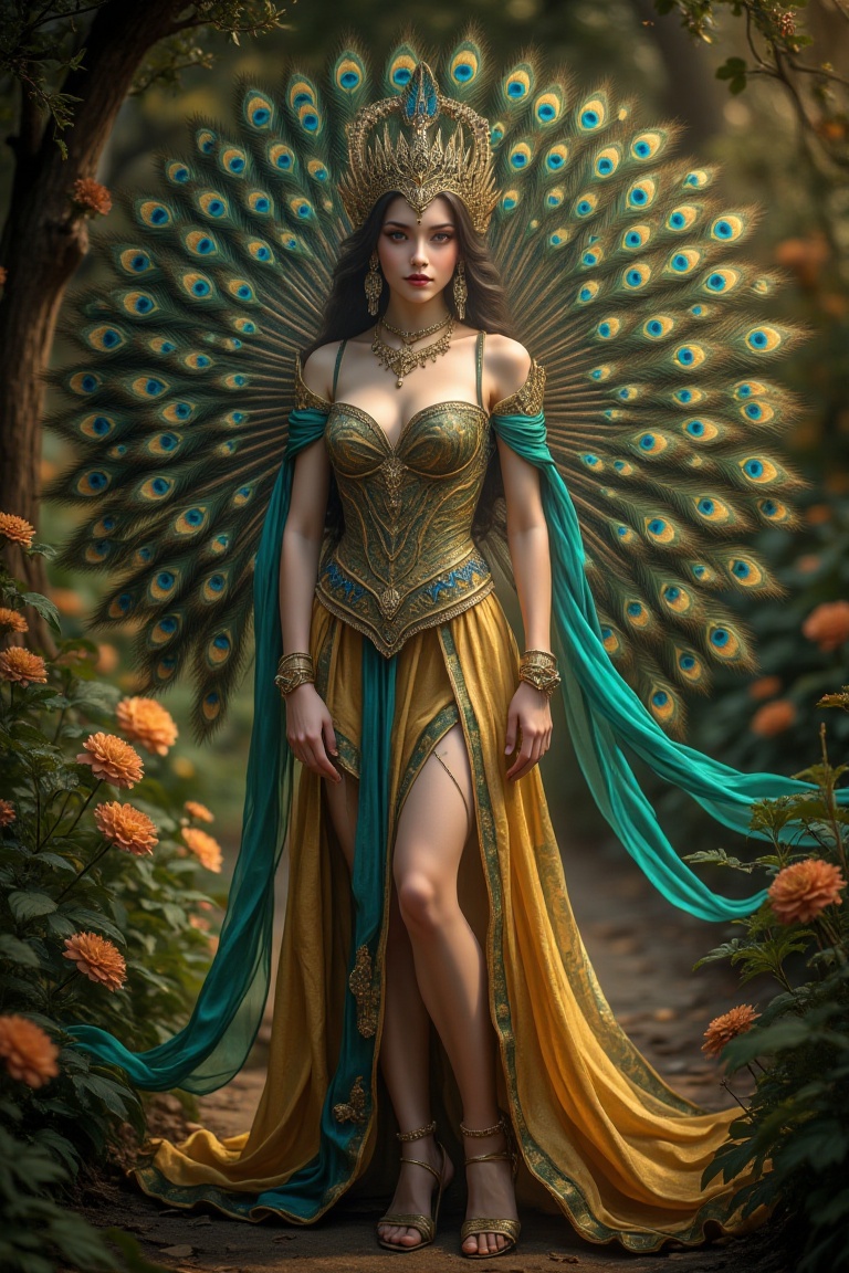 A majestic Peacock Goddess standing elegantly,  adorned in a flowing gold and blue dress with intricate patterns,  surroun...