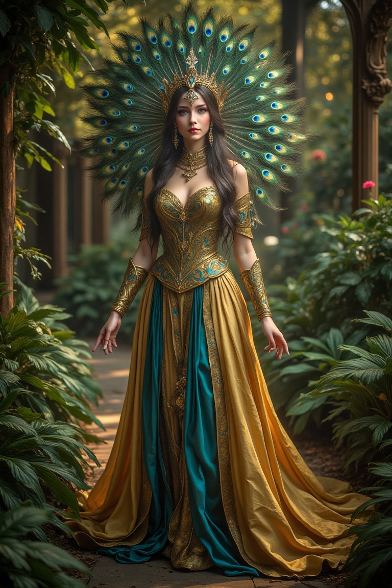 A majestic Peacock Goddess standing elegantly,  adorned in a flowing gold and blue dress with intricate patterns,  surroun...