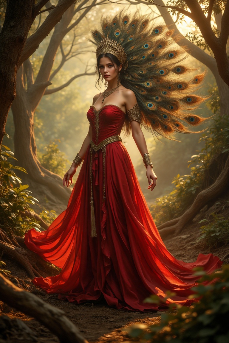 A striking Peacock Goddess in a flowing red dress,  standing amidst a wild,  untamed landscape. The scene is illuminated b...