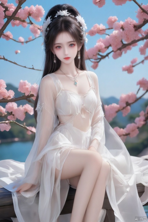 Masterpiece, the best quality, high quality, (colorful) , breasts,,(white hair:1.4),(long legs:1.3),1 girl, 20-year-old young beauty, mature temperament, solo, long hair, looking at the audience, black hair, hair accessories, dress, jewelry, purple eyes, full body, sitting on a branch, black hair, high ponytail, flowers, earrings , necklace, white dress, short skirt, exposed legs, long legs, beautiful legs, cherry blossoms, tree branches, low angle shot.