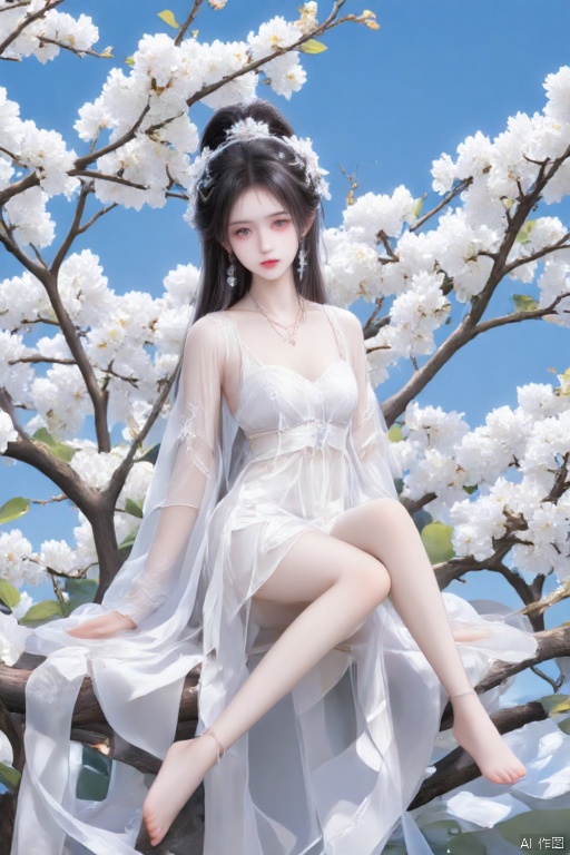 Masterpiece, the best quality, high quality, (colorful) , breasts,,(white hair:1.4),(long legs:1.3),1 girl, 20-year-old young beauty, mature temperament, solo, long hair, looking at the audience, black hair, hair accessories, dress, jewelry, purple eyes, full body, sitting on a branch, black hair, high ponytail, flowers, earrings , necklace, white dress, short skirt, exposed legs, long legs, beautiful legs, cherry blossoms, tree branches, low angle shot.