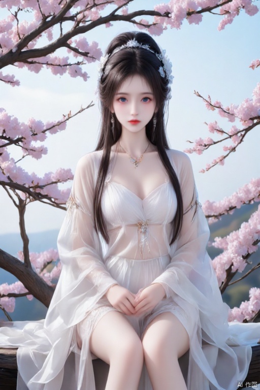 Masterpiece, the best quality, high quality, (colorful) , breasts,,(white hair:1.4),(long legs:1.3),1 girl, 20-year-old young beauty, mature temperament, solo, long hair, looking at the audience, black hair, hair accessories, dress, jewelry, purple eyes, full body, sitting on a branch, black hair, high ponytail, flowers, earrings , necklace, white dress, short skirt, exposed legs, long legs, beautiful legs, cherry blossoms, tree branches, low angle shot.