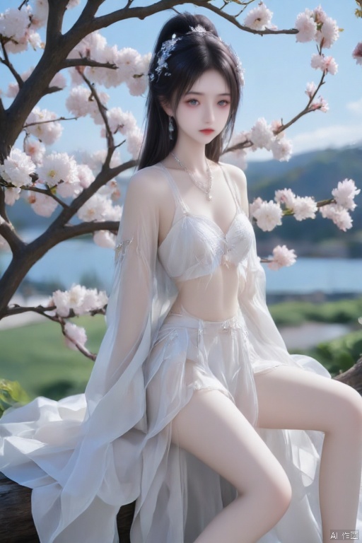 Masterpiece, the best quality, high quality, (colorful) , breasts,,(white hair:1.4),(long legs:1.3),1 girl, 20-year-old young beauty, mature temperament, solo, long hair, looking at the audience, black hair, hair accessories, dress, jewelry, purple eyes, full body, sitting on a branch, black hair, high ponytail, flowers, earrings , necklace, white dress, short skirt, exposed legs, long legs, beautiful legs, cherry blossoms, tree branches, low angle shot.