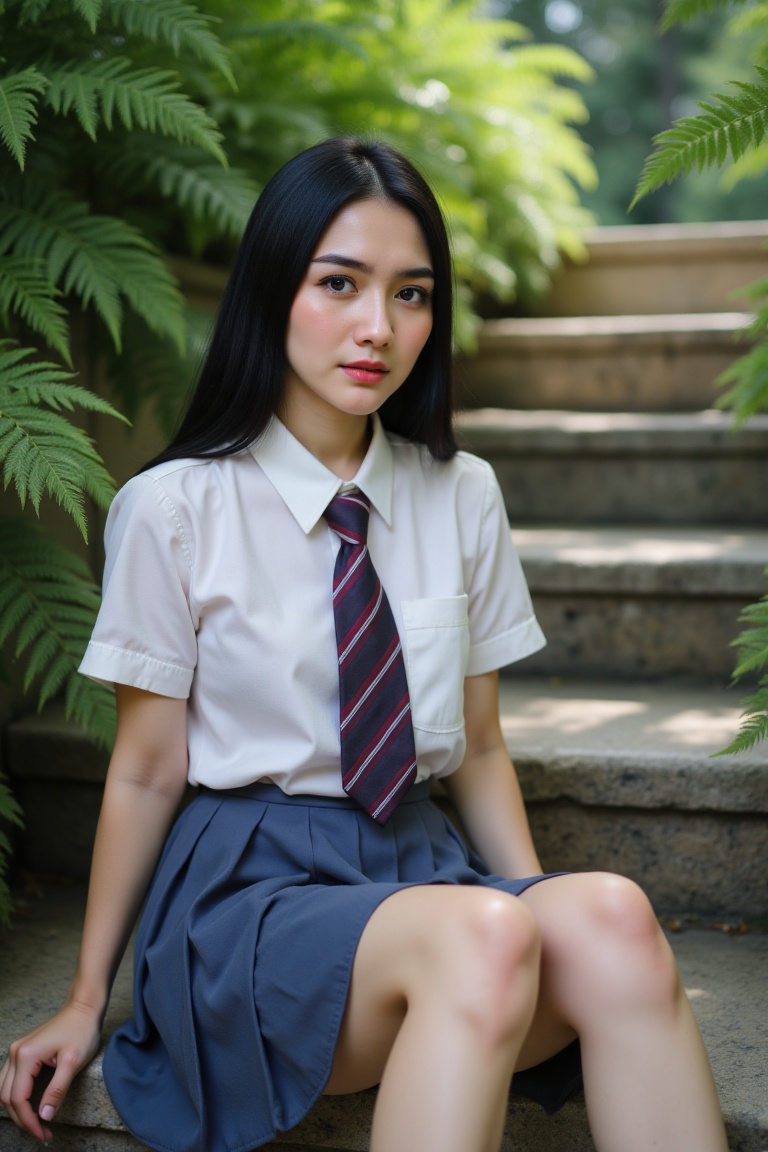A high-quality vintage-toned photo captures a young Chinese woman sitting on a stone staircase,  surrounded by lush greene...