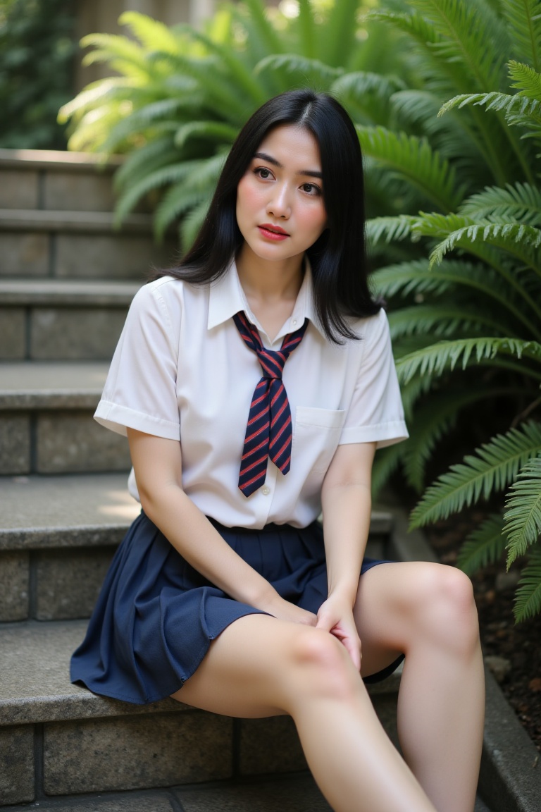 A high-quality vintage-toned photo captures a young Chinese woman sitting on a stone staircase,  surrounded by lush greene...