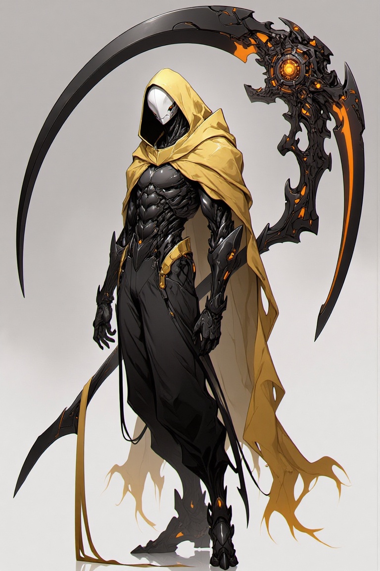 "A dark and enigmatic figure,  blending elements of fantasy and futuristic design,  stands with an imposing presence. The...
