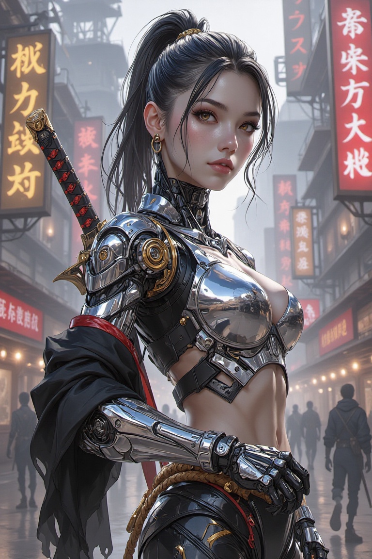 "In the heart of a neon-lit cyberpunk cityscape,  a fierce female warrior stands poised with an air of unshakable confiden...