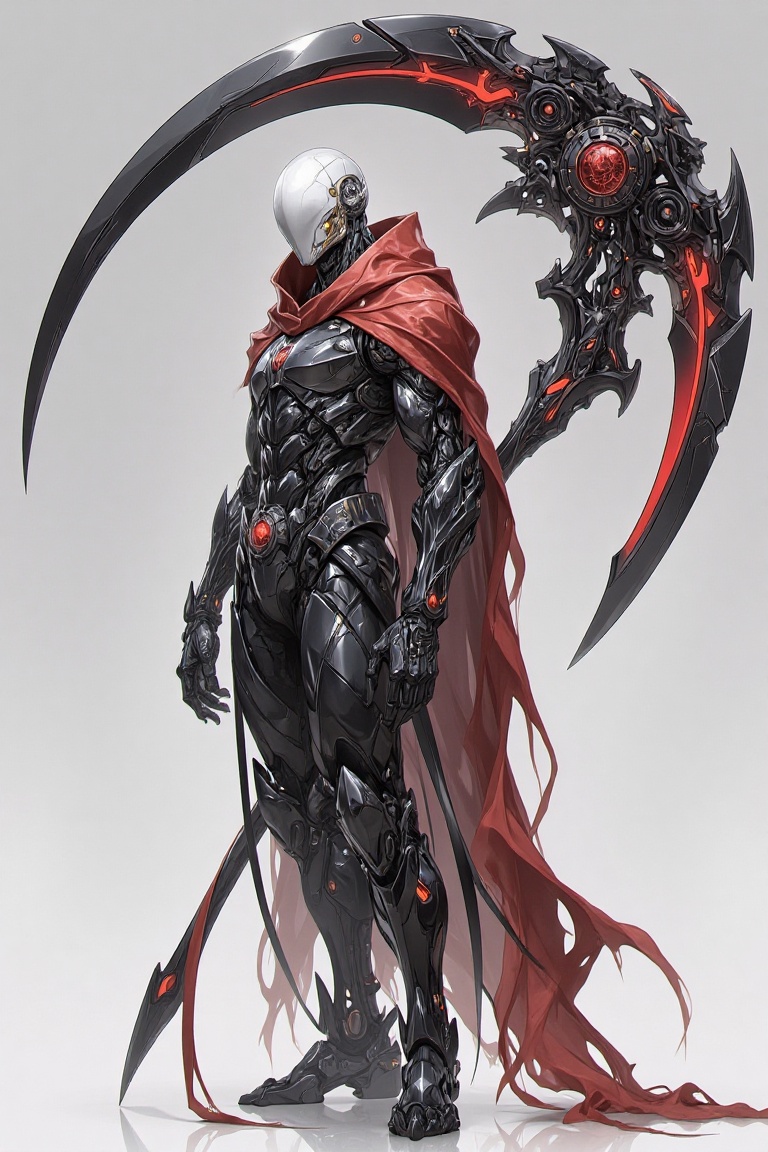 "A dark and enigmatic figure,  blending elements of fantasy and futuristic design,  stands with an imposing presence. The...