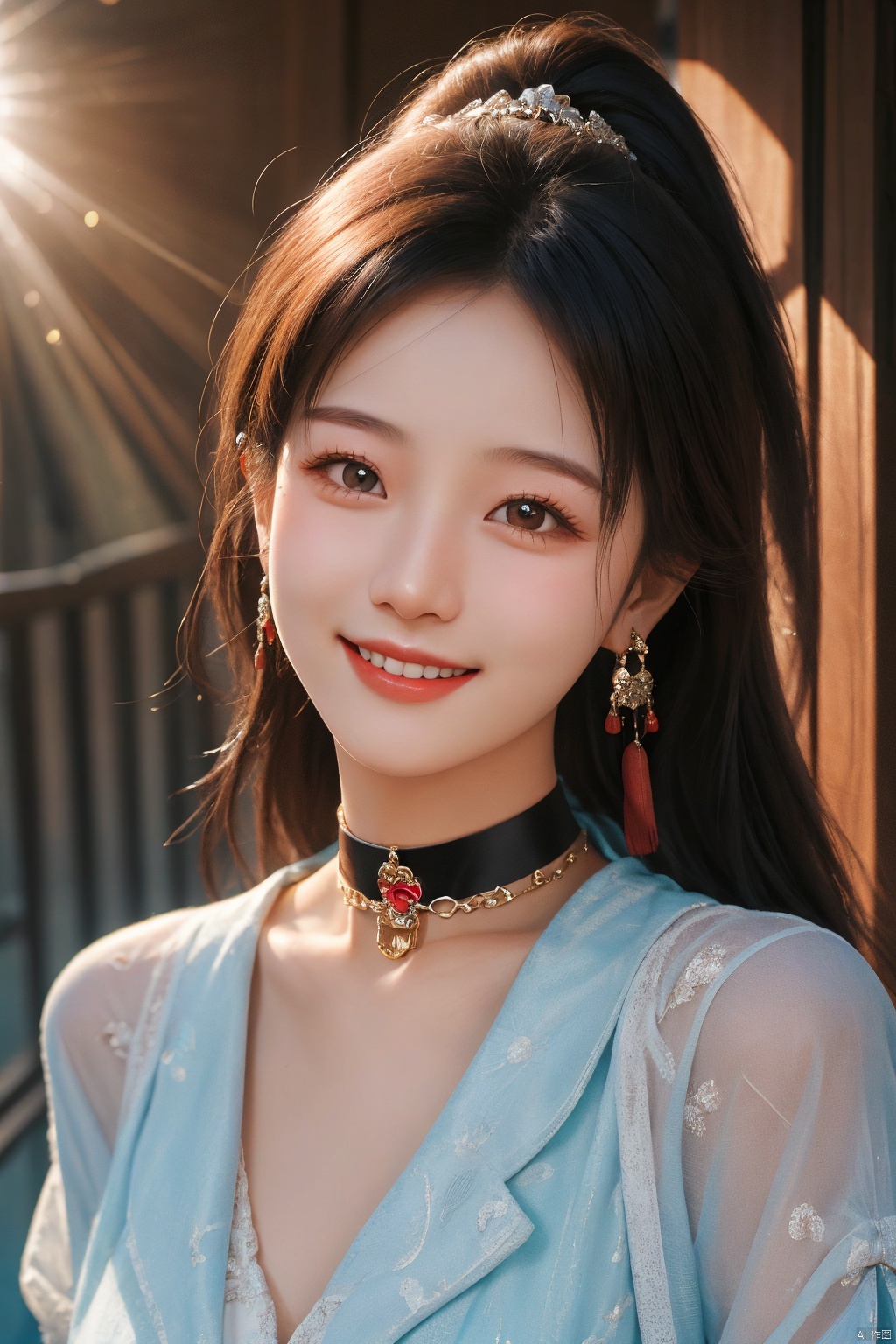 chinese girl smile,realistic photography,in the sunshine,upper body,dynamic clothes,choker,earrings,