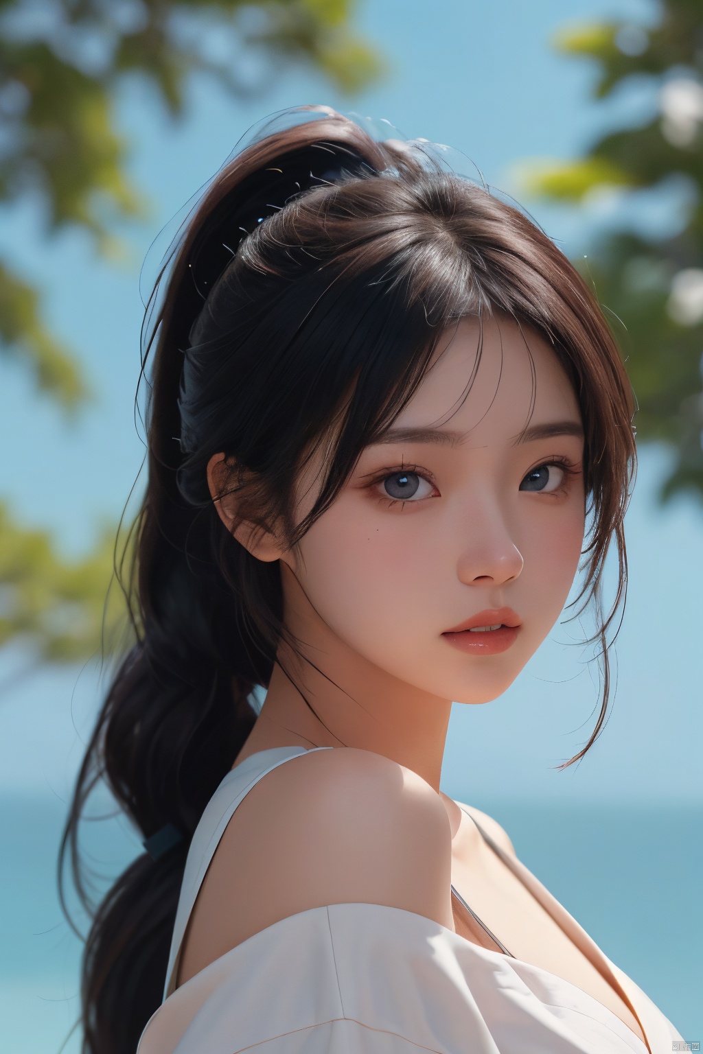 A close-up shot of a young Asian woman with long dark hair wearing a white shirt and a black kimono.She has charming breasts and shoulders. Her hair is pulled back in a ponytail adding a touch of color to her face. Her eyes are a piercing blue and her lips are a vibrant red. She is positioned in front of a backdrop of a tree branch with a light blue sky creating a stark contrast to her dark hair. The woman's hair is cascading over her shoulders adding depth to the composition. The background is blurred making the woman's attention to the image.