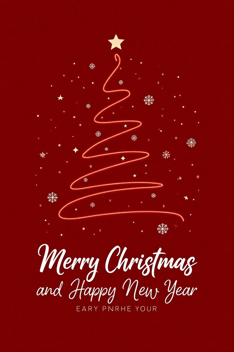 A minimalist Christmas card design with a deep red background. The centerpiece features a stylized Christmas tree drawn wi...