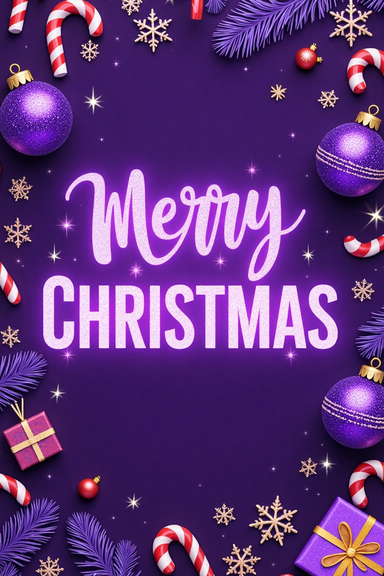 "A vibrant Christmas card with a purple-themed background. The design features large,  sparkling text in the center readin...
