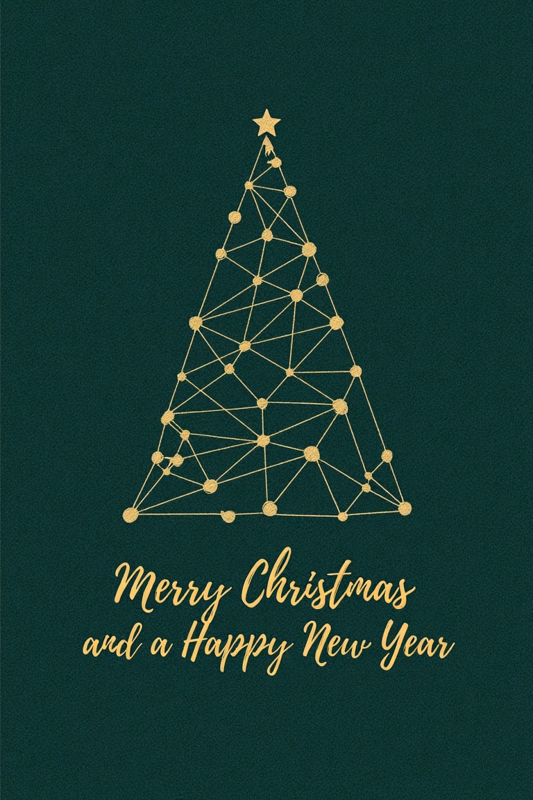 "A minimalist Christmas card with a dark green textured background. The design features a geometric Christmas tree compose...