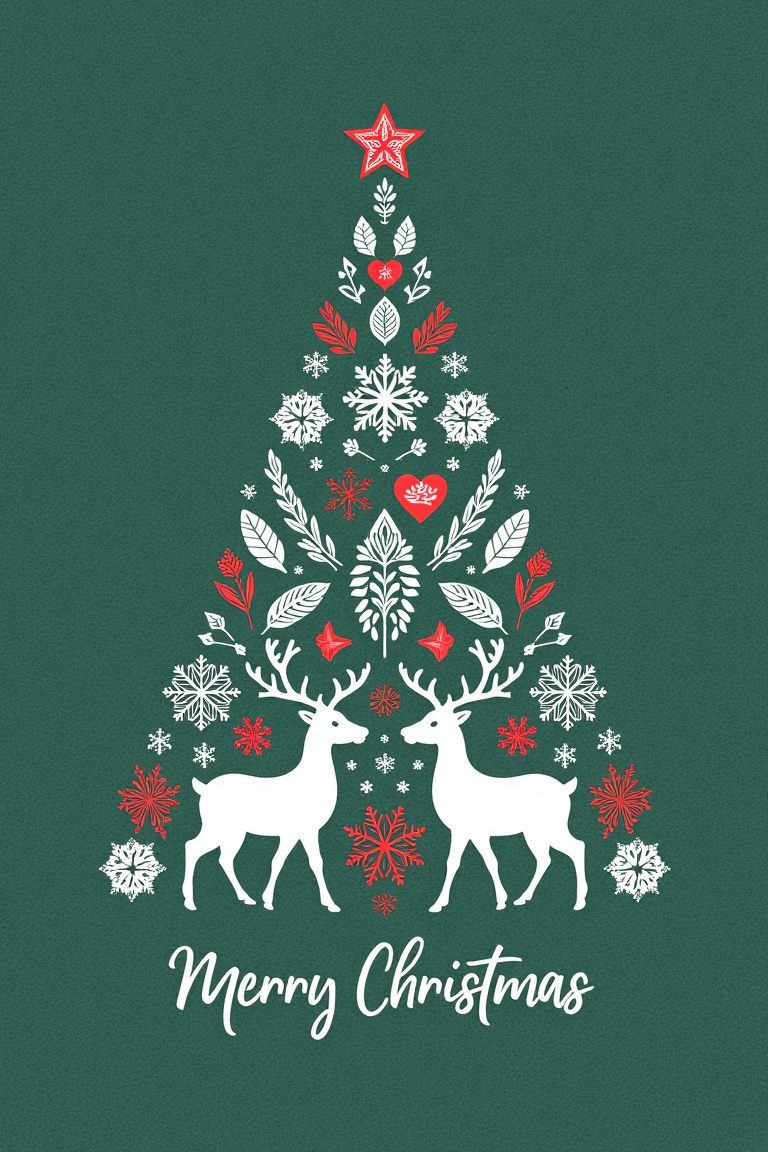 "A festive Christmas card with a green textured background. The main design features a stylized Christmas tree composed of...