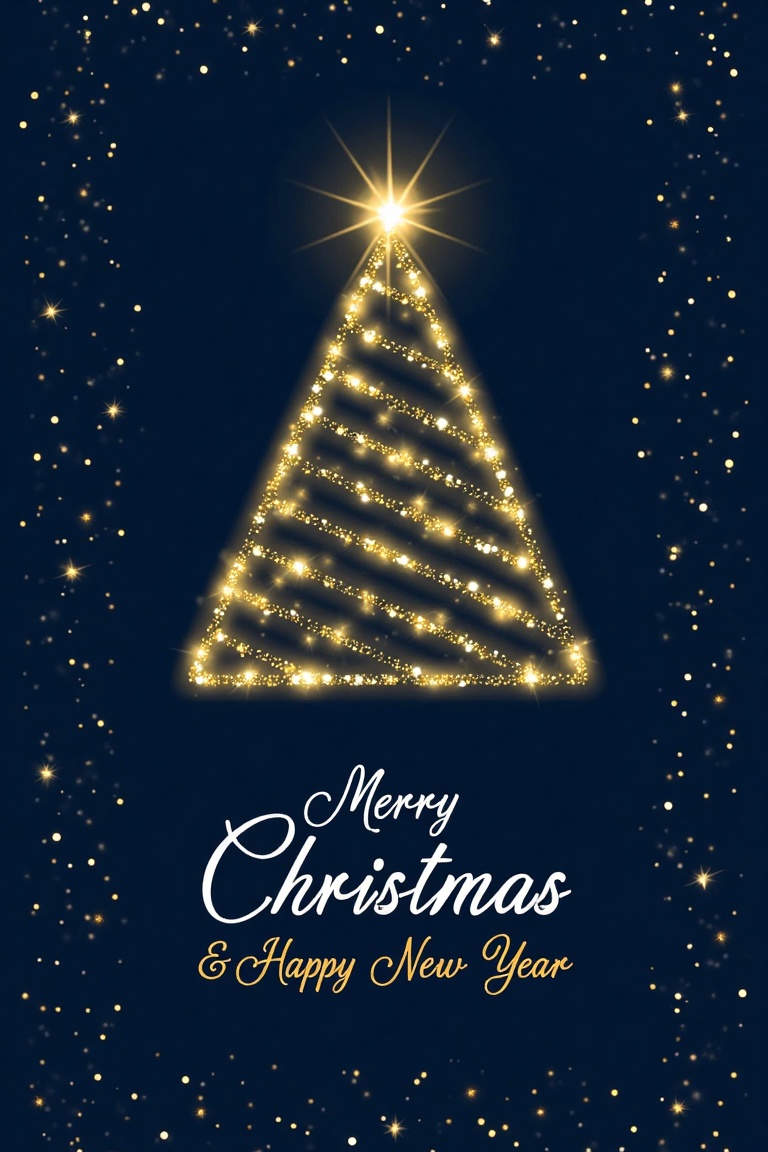 A minimalist Christmas card with a dark navy blue background. The main focus is a glowing golden Christmas tree made entir...