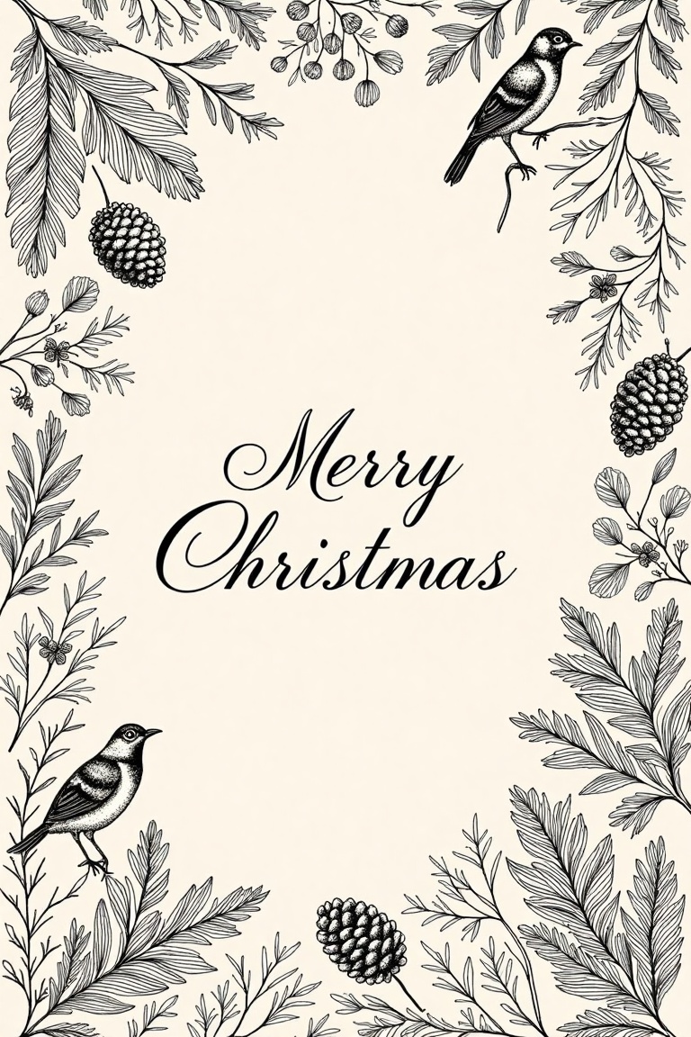 A vintage-style Christmas card with intricate hand-drawn black and white illustrations. The design features detailed depic...