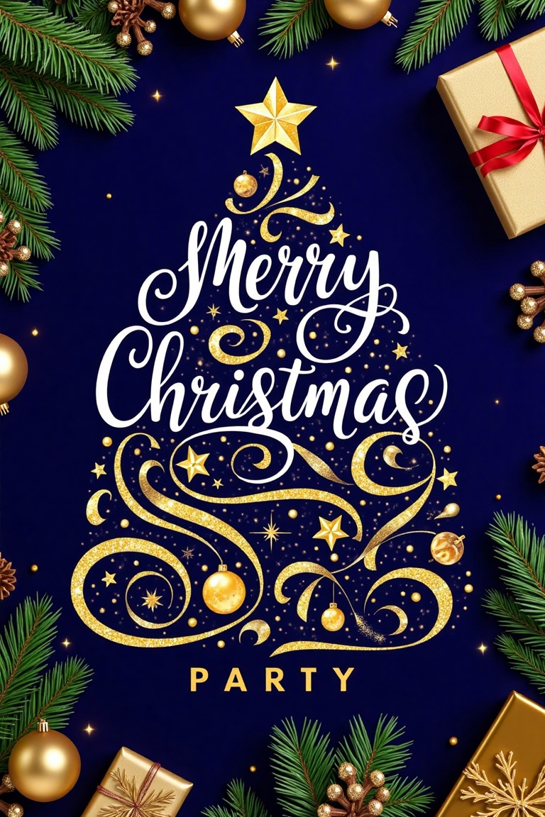 "A luxurious Christmas party invitation card with a navy blue background. The central design features the text 'Merry Chri...