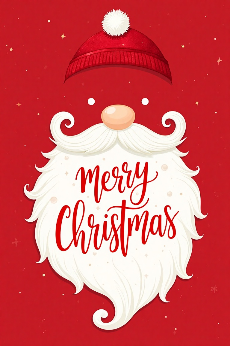 "A minimalist Christmas card with a bold red background. The design features a stylized illustration of Santa Claus,  focu...