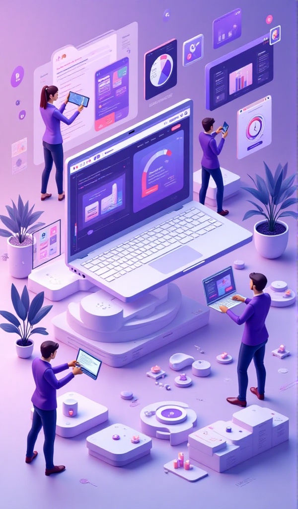 Generate a visually appealing image promoting 'Website Development Services' with a color palette emphasizing shades of purple. Ensure the image is professional and free from explicit sexual content, avoiding any representation of humans, particularly women. Include elements that convey innovation, efficiency, and expertise in website development. Utilize icons and symbols representative of the field, creating an image suitable for promotional materials and online use, highlighting excellence in website development services