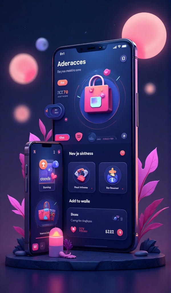 I want a photo to be used to display a phone application in a 3D space with a dark theme and neon colors. This banner was for displaying a store app with a bag feature. It has a score and the design scale should be horizontal and the focus of the image should be on the phone and wallet. The dimensions of the image are 21 x 29