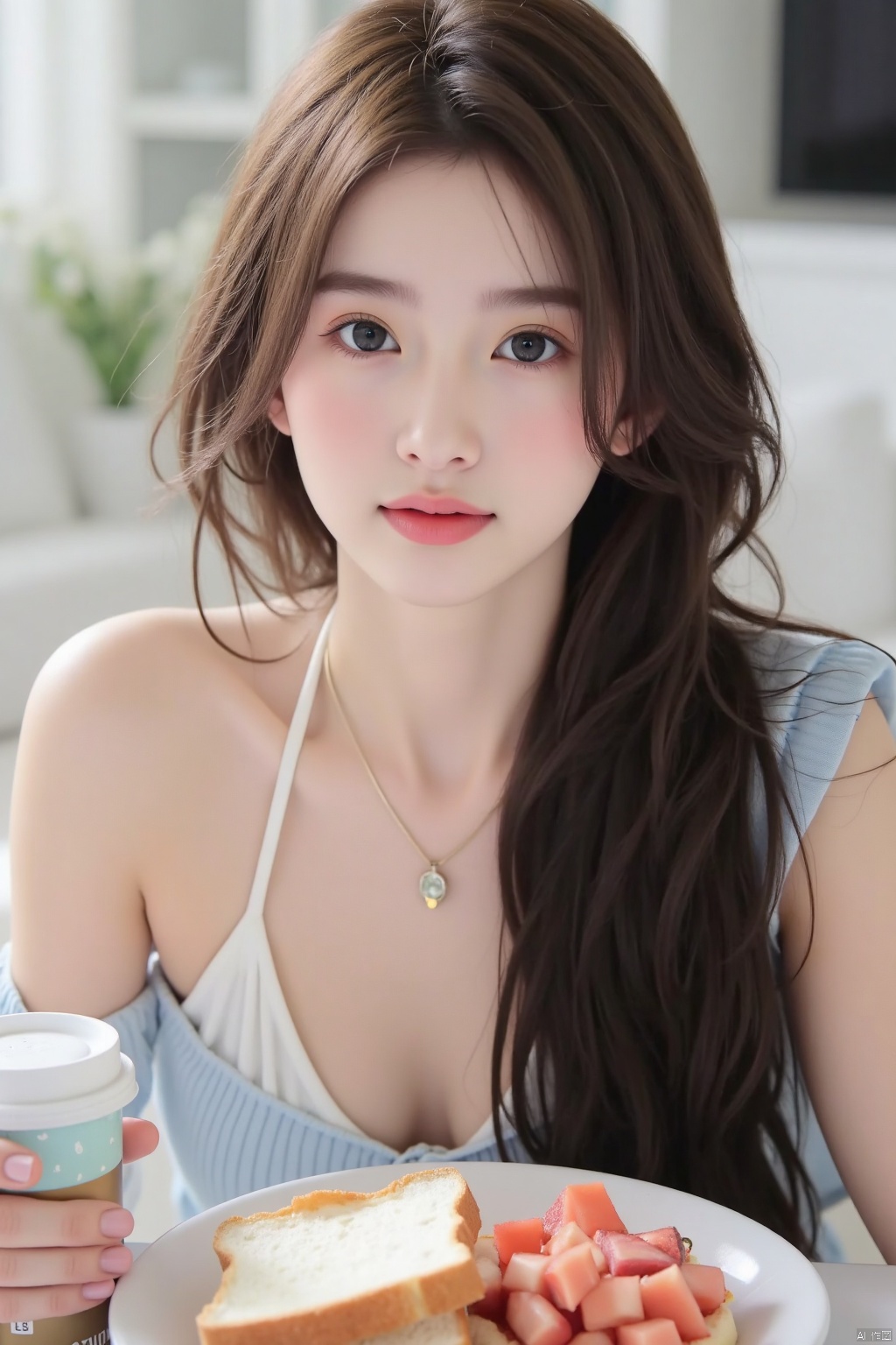 1girl, solo, long hair, looking at viewer, brown hair, jewelry, food, necklace, realistic,
Depth of field, realistic lighting, ray tracing, OC renderer, UE5 renderer, ultra realistic, best quality, 8K, master level work, ultra fine, details, correct human body structure,
