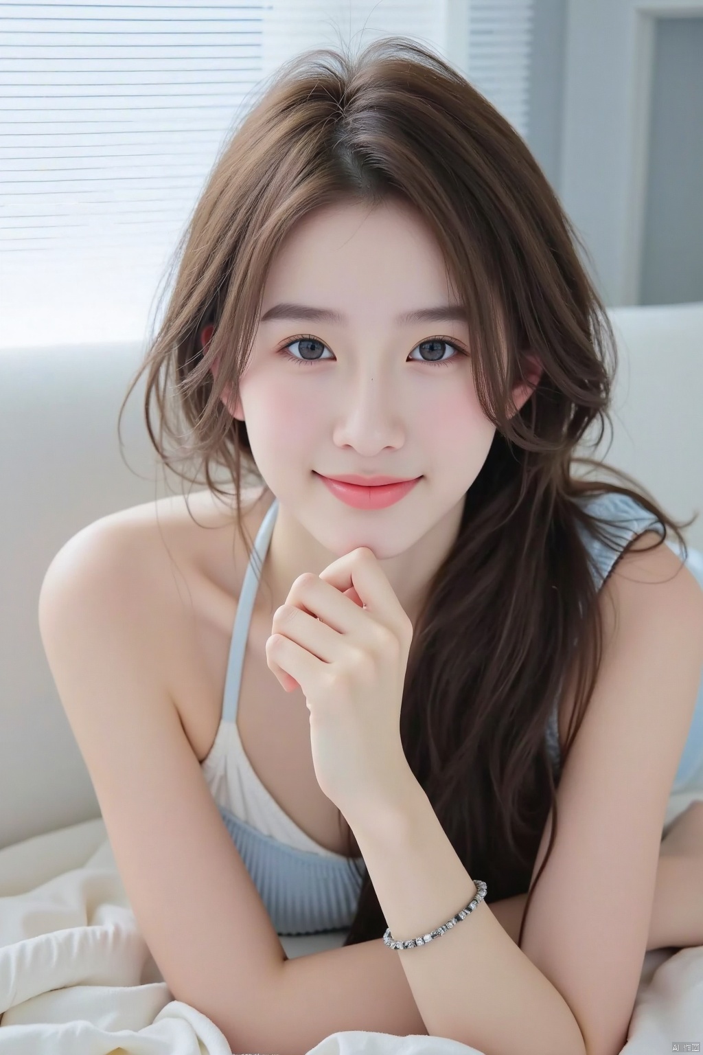 1girl, solo, long hair, smile, brown hair, jewelry, lying, shorts, bracelet, couch, blinds,
Depth of field, realistic lighting, ray tracing, OC renderer, UE5 renderer, ultra realistic, best quality, 8K, master level work, ultra fine, details, correct human body structure,