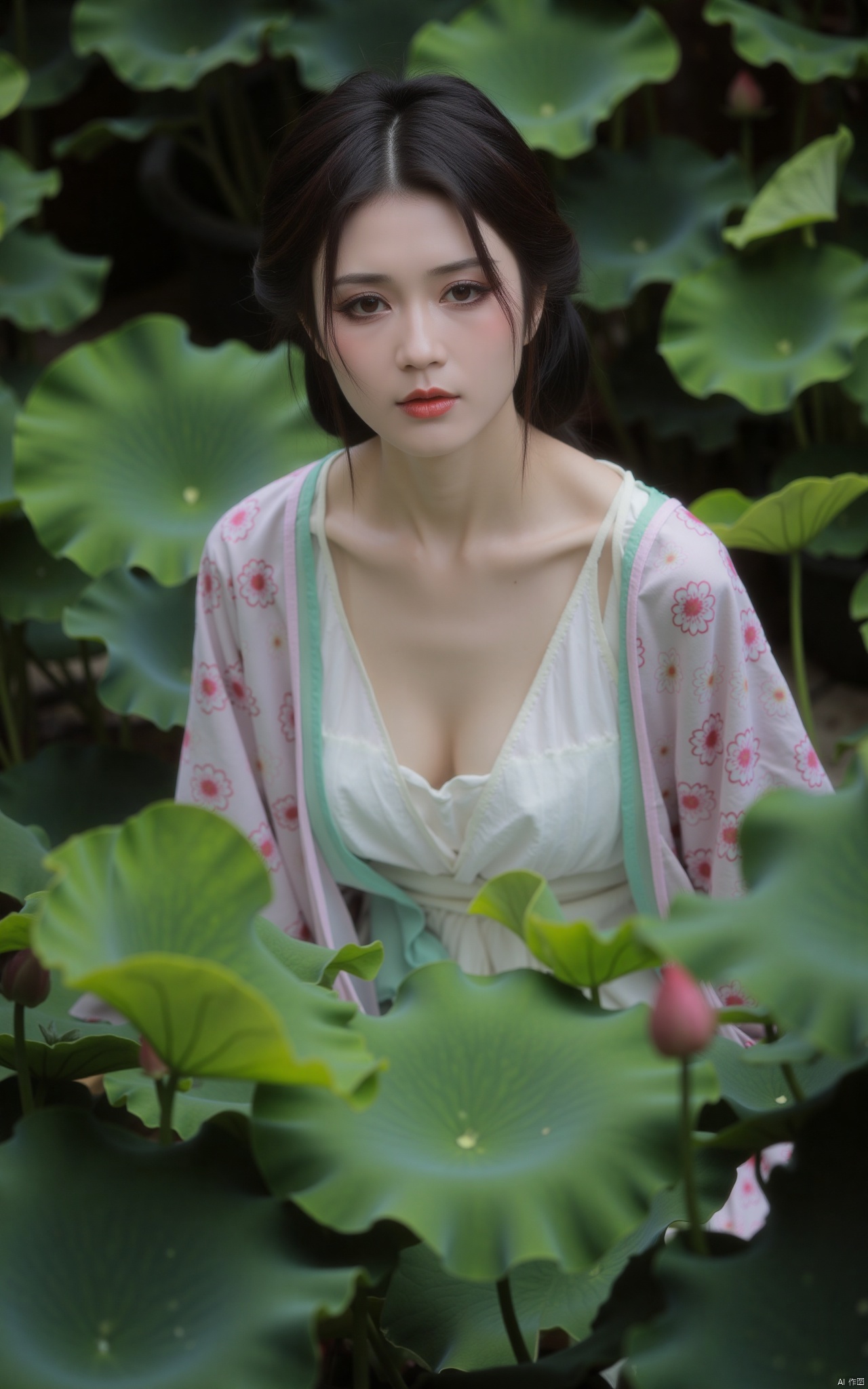 masterpiece,(best quality),official art, (1girl), (solo), ((looking_at_viewer)),(huge breasts:2.39),(full breasts:1.99),Xzhaoliner,(Lotus pond, lotus:1.52),Xzhanguopao,Xduorou,,Xmengkeer,,Xqipao,Xzihanfu,Xtanghanfu,Xhanfu