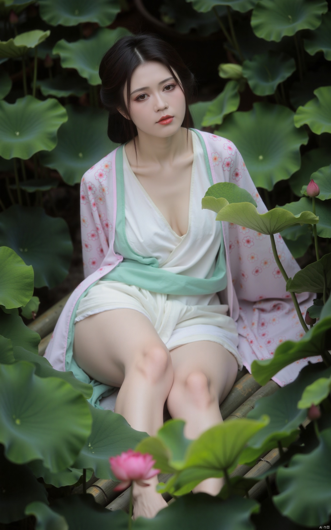 masterpiece,(best quality),official art, (1girl), (solo), ((looking_at_viewer)),(huge breasts:2.39),(full breasts:1.99),Xzhaoliner,(Lotus pond, lotus:1.52),Xzhanguopao,Xduorou,,Xmengkeer,,Xqipao,Xzihanfu,Xtanghanfu,Xhanfu