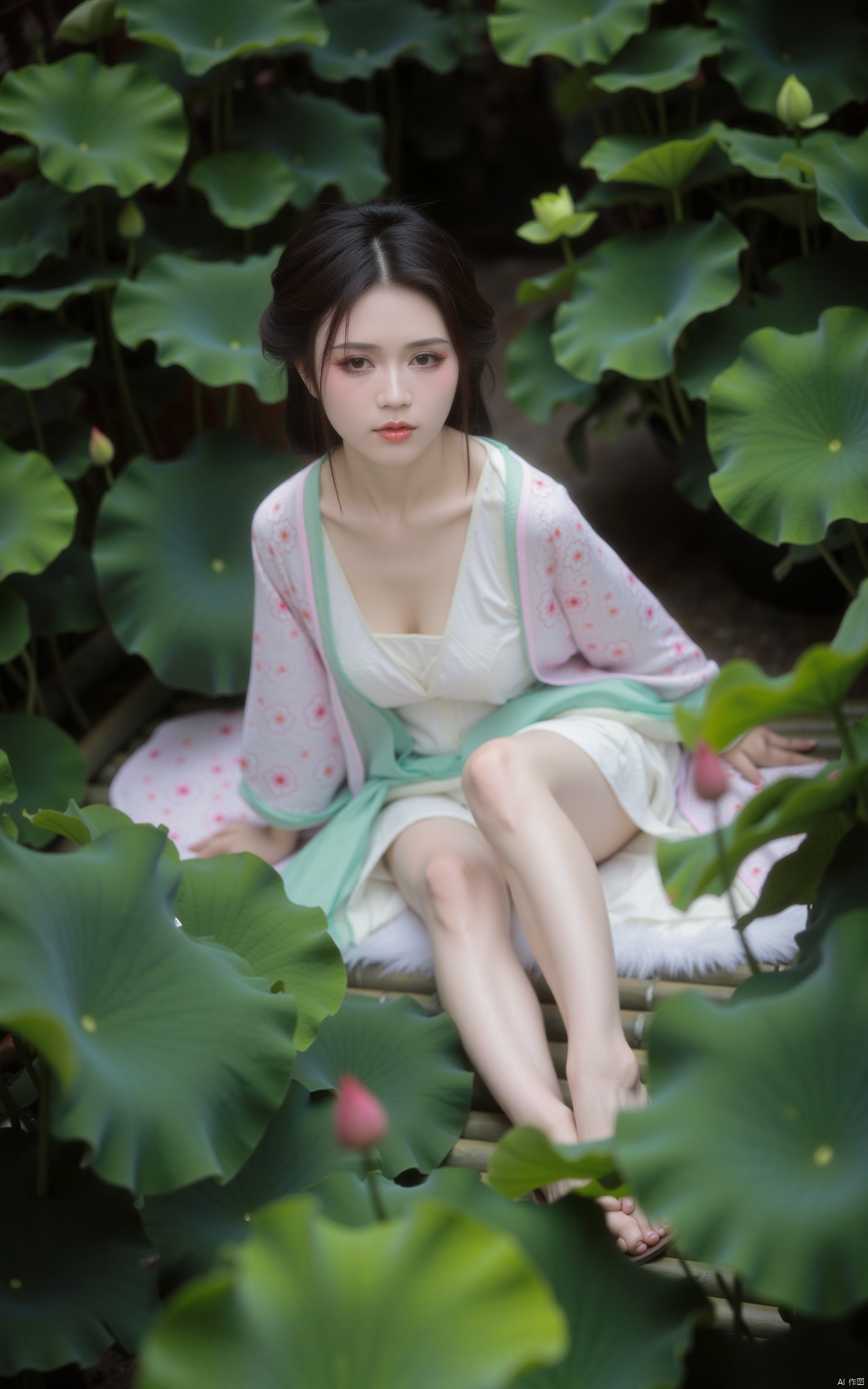 masterpiece,(best quality),official art, (1girl), (solo), ((looking_at_viewer)),(huge breasts:2.39),(full breasts:1.99),Xzhaoliner,(Lotus pond, lotus:1.52),Xzhanguopao,Xduorou,,Xmengkeer,,Xqipao,Xzihanfu,Xtanghanfu,Xhanfu