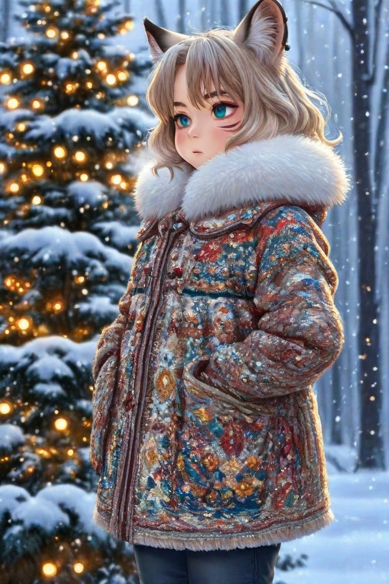 Lynx girl,  tree,  snowing on Tensor.Art