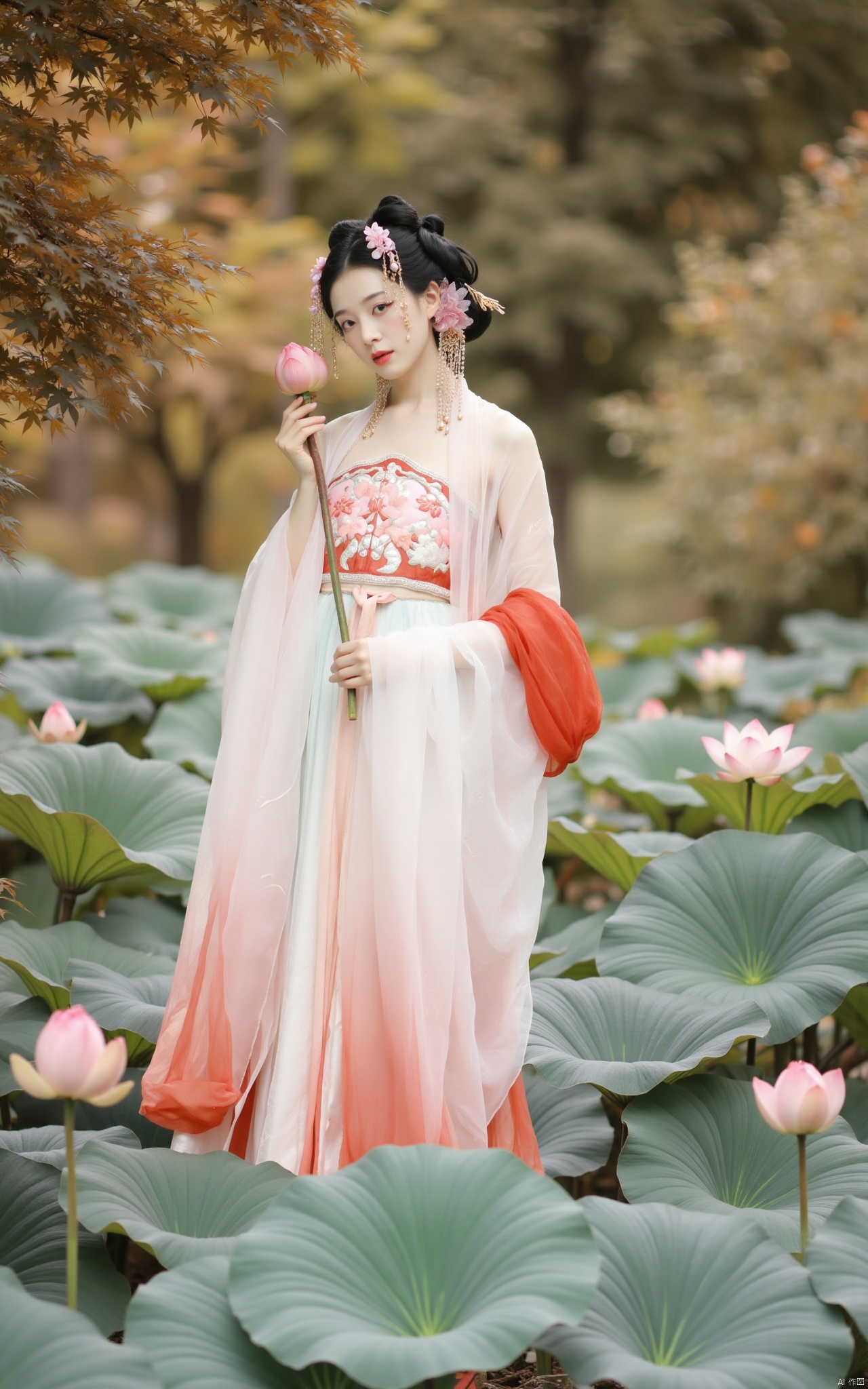  masterpiece,1girl,solo,black hair,(Standing by the lotus pond in the garden:1.3),black eyes,beautiful face,holding flower,looking at viewer,(huge breasts:2.59),(full breasts:1.99),Xqinghanfu,Xtanghanfu,Xzhigui