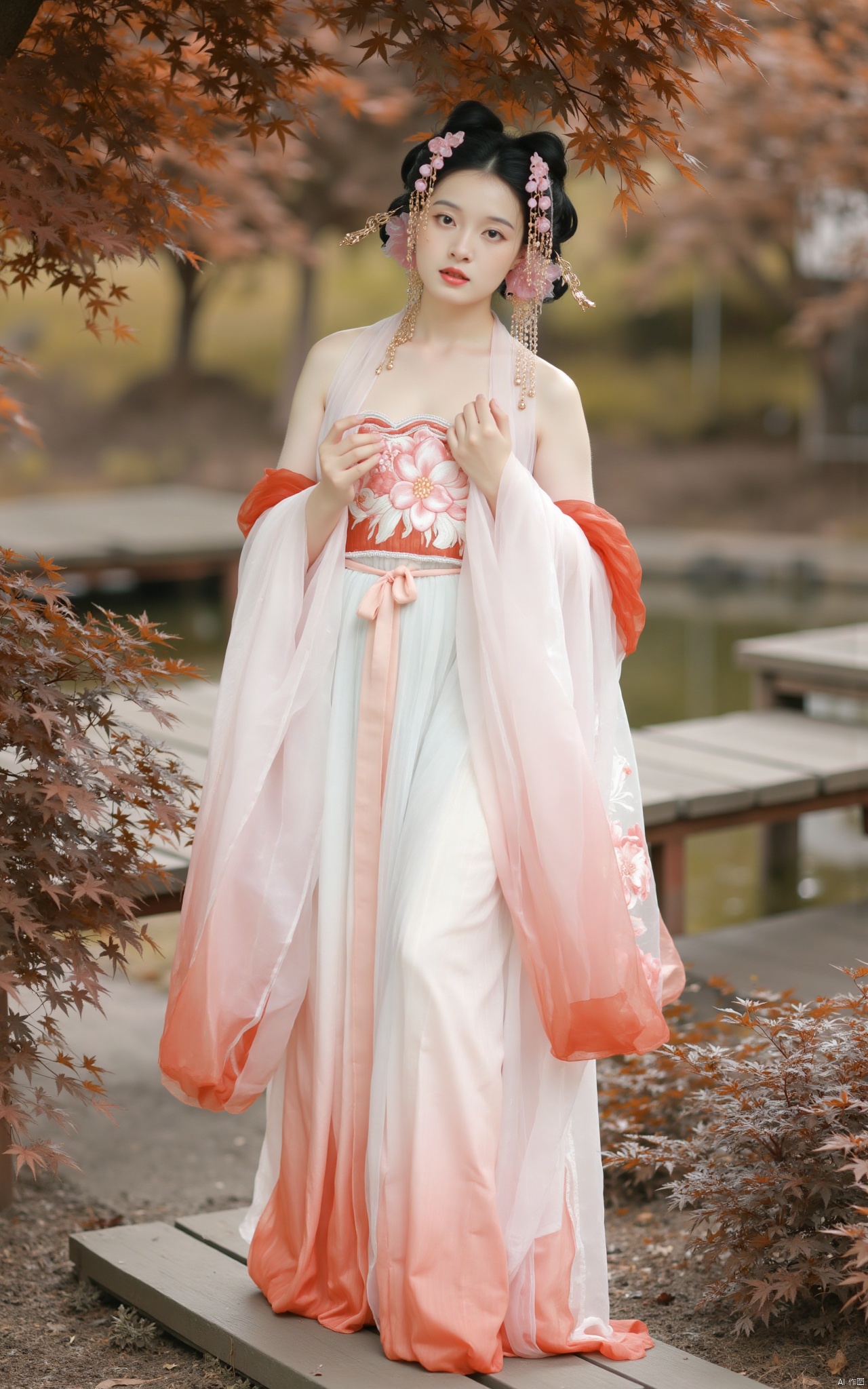  masterpiece,1girl,solo,black hair,(Standing by the lotus pond in the garden:1.3),black eyes,beautiful face,holding flower,looking at viewer,(huge breasts:2.59),(full breasts:1.99),Xqinghanfu,Xtanghanfu,Xzhigui