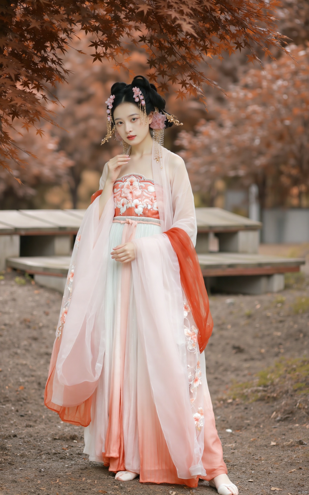  masterpiece,1girl,solo,black hair,(Standing by the lotus pond in the garden:1.3),black eyes,beautiful face,holding flower,looking at viewer,(huge breasts:2.59),(full breasts:1.99),Xqinghanfu,Xtanghanfu,Xzhigui