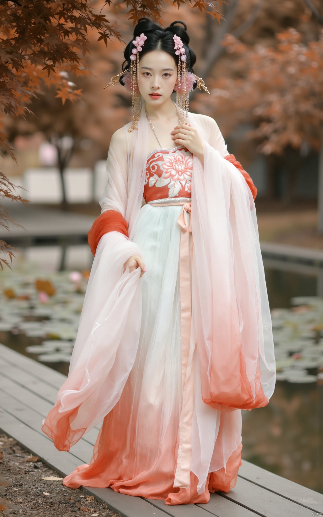  masterpiece,1girl,solo,black hair,(Standing by the lotus pond in the garden:1.3),black eyes,beautiful face,holding flower,looking at viewer,(huge breasts:2.59),(full breasts:1.99),Xqinghanfu,Xtanghanfu,Xzhigui