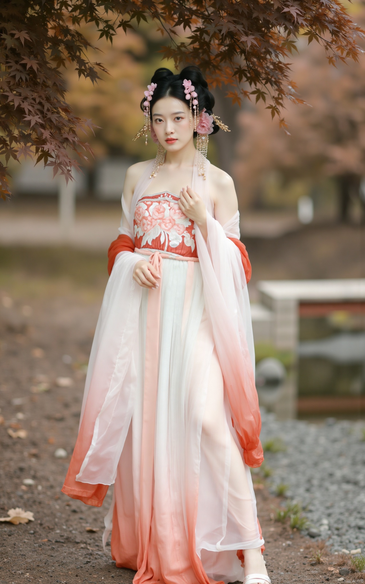  masterpiece,1girl,solo,black hair,(Standing by the lotus pond in the garden:1.3),black eyes,beautiful face,holding flower,looking at viewer,(huge breasts:2.59),(full breasts:1.99),Xqinghanfu,Xtanghanfu,Xzhigui