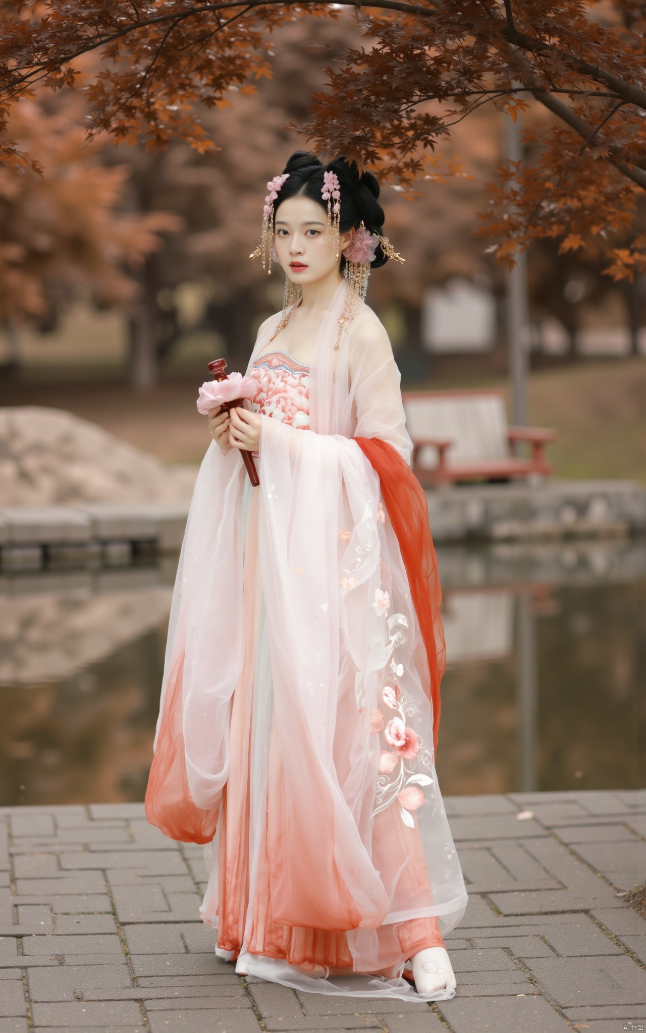  masterpiece,1girl,solo,black hair,(Standing by the lotus pond in the garden:1.3),black eyes,beautiful face,holding flower,looking at viewer,(huge breasts:2.59),(full breasts:1.99),Xqinghanfu,Xtanghanfu,Xzhigui