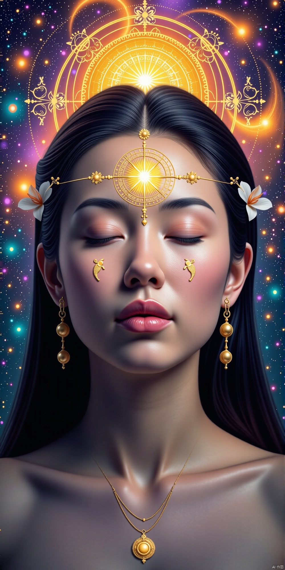 Meditative Chinese woman, eyes closed, intricate glowing mandala patterns on face and forehead, central radiant sun symbol on third eye, golden, purple, orange, and blue hues, cosmic ethereal nebula, swirling galaxies, stardust, celestial atmosphere, delicate floral and geometric designs, shimmer and glow, cosmic energy, transcendence, inner peace, spiritual awakening. best quality,masterpiece
