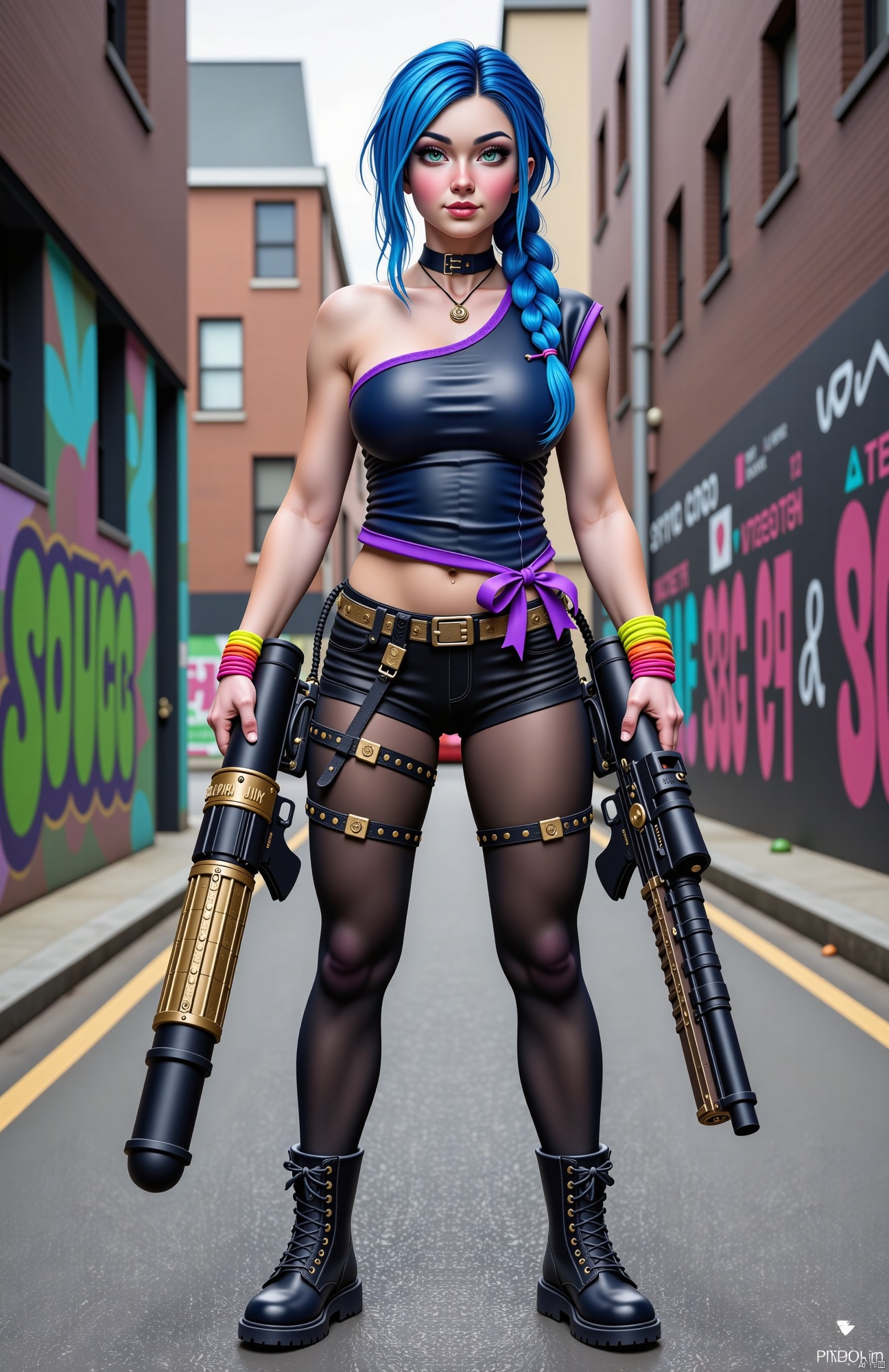 Realistic photo, real-life portrait, high-resolution, RAW, A vibrant and crazy young female character named Jinx. She has long blue hair with a purple gradient. Her hair is messy and braided on both sides, making her look playful and unruly. Her eyes are large and twinkling with excitement and mischief, and her pupils are a brilliant green hue.
Jinx is wearing an asymmetrical leather top with a dark blue upper body and purple details on the edge, showing a punk style. She is wearing tight black shorts on her lower body, paired with various metallic decorations and bright-colored props. Her legs are covered in black stockings and high boots with metal rivets.
She wears brightly colored wristbands on her wrists and various props hanging around her waist. Jinx holds a huge rocket launcher ("Fish Bone") and a slender submachine gun ("Wrath") in her hands. Her hands and feet naturally relax, exuding a sense of momentum and vitality.
The background of the scene can be a city street filled with graffiti, creating her crazy and energetic atmosphere. The entire image should reflect her personality: playful, mysterious, and dynamic.
